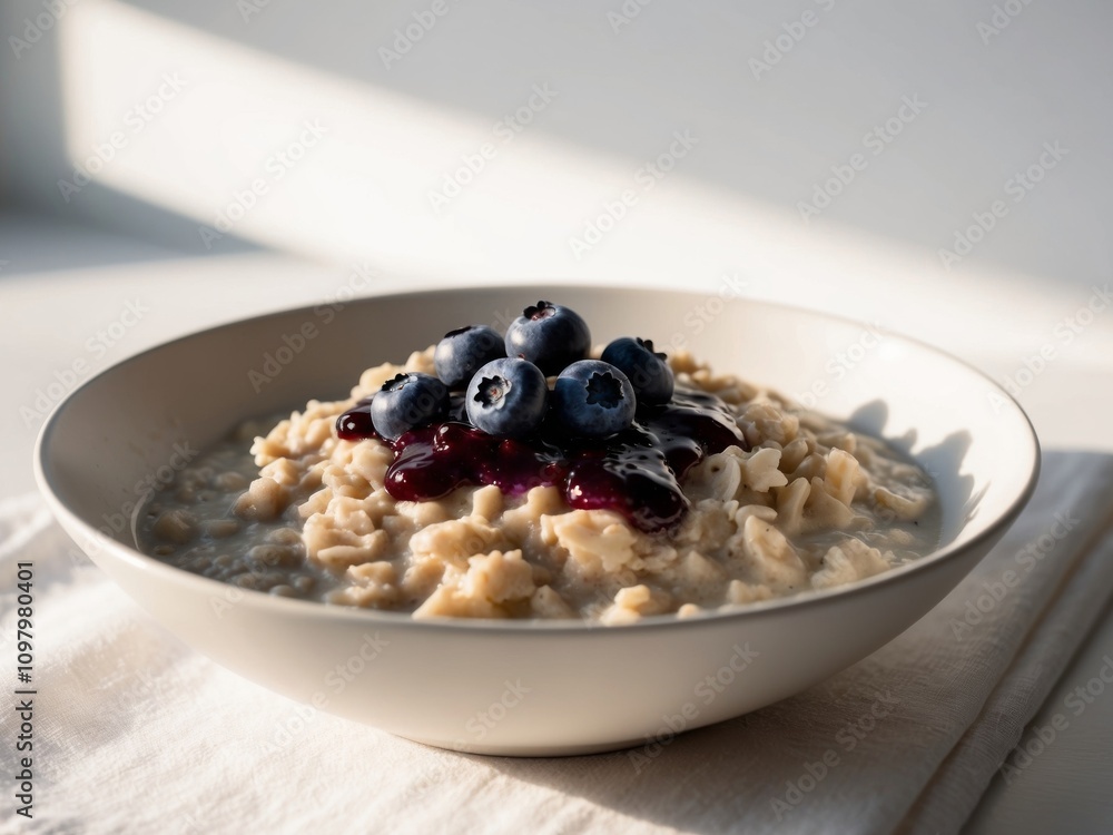 Healthy oatmeal breakfast with blueberries and berry jam. Healthy oatmeal breakfast with blueberries and berry jam.