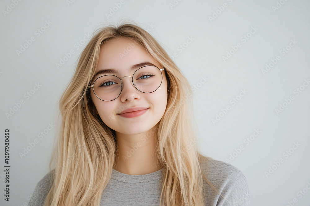 Fototapeta premium Young pretty blonde woman over isolated white background with glasses
