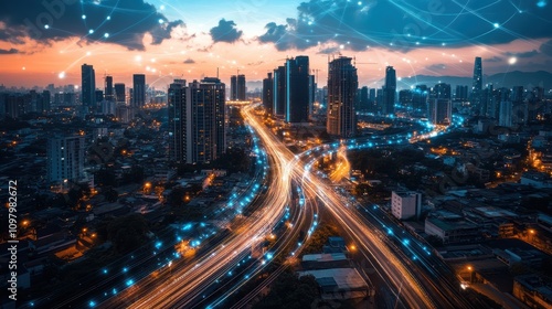 Aerial view of smart city with highspeed internet data streams