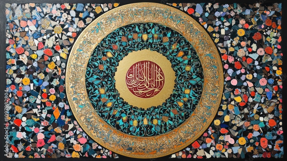 Obraz premium Circular Mandala of Calligraphy and Colorful Fragments