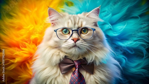 Stylish Angora Cat in Glasses and Tie - A Fashionable Feline Portrait for Trendsetters and Cat Lovers Alike, Showcasing Unique Style and Charm in a Playful Setting