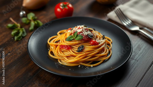 A plate of fresh, gourmet tagliatelle pasta with rich, meaty Bolognese sauce