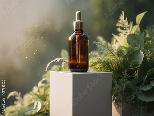 Amber dropper bottle on a pedestal surrounded by lush green foliage in soft morning light. photo