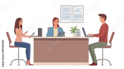 Three people in a modern office setting engaged in work and discussion.