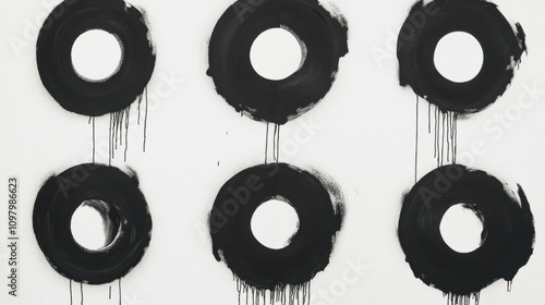 Multiple black ink circles with visible drips, forming a minimalist abstract pattern on white