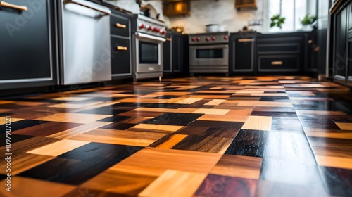 A Kitchen Floor with a Patchwork of Wooden Tiles photo