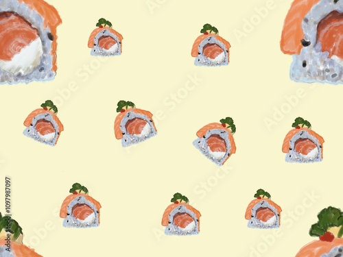 sushi pattern background. Japanese food seamless pattern background. sushi seamless pattern background. Watercolor sushi pattern background. photo