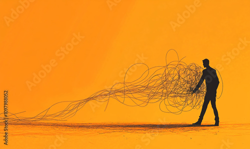 Wallpaper Mural Creative representation of a person untangling chaotic thoughts against a vibrant orange background Torontodigital.ca