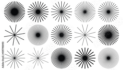 Round geometric shapes with rays. Vintage sunburst icon set elements. Circular thin line beams, stars, sun rise light.