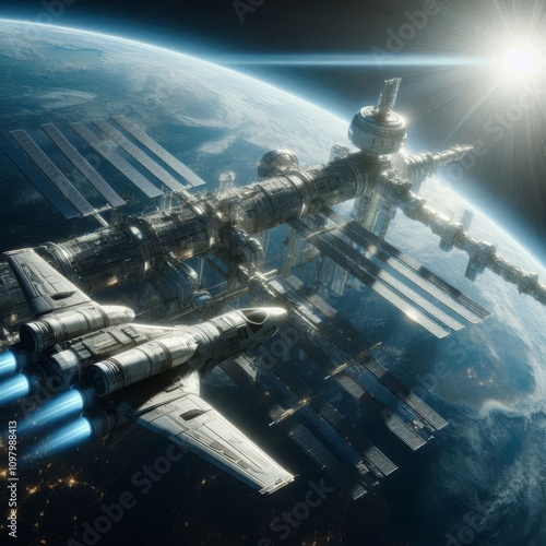 A sleek space shuttle approaches a massive orbital station, floating above Earth. The sun shines brightly in the distance, highlighting the futuristic technology and sense of adventure in this sci-fi photo