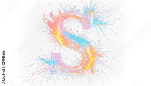 colorful alphabet S with abstract ice lightning and colored thunder on white background