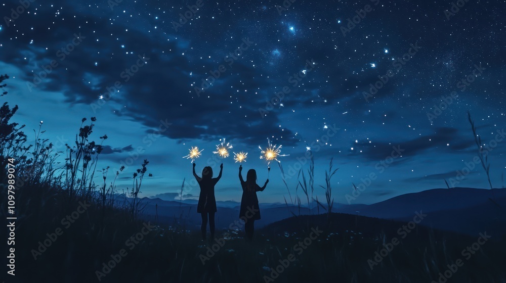 Two figures joyfully holding sparklers under a starry night sky. Two figures joyfully holding sparklers under a starry night sky.