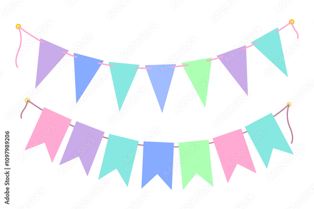 Fototapeta premium Festive Pennant garland on rope in trendy soft tint Set 2 Birthday Party or any event design element