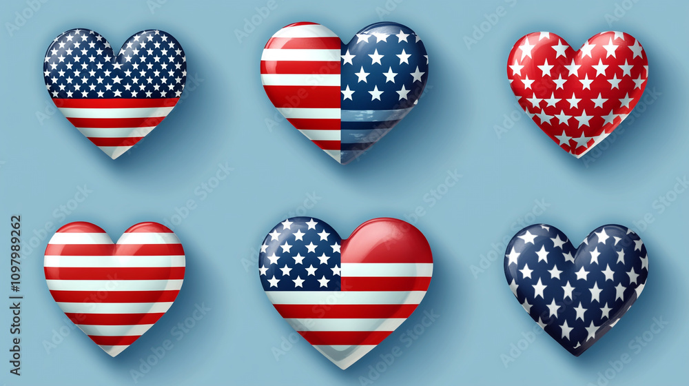 Colorful hearts featuring American flag designs on a blue background Colorful hearts featuring American flag designs on a blue background
