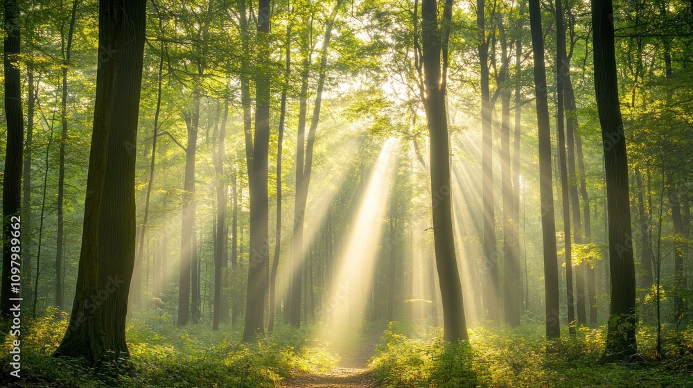 Fototapeta premium Sunbeams Illuminate Misty Forest Path Through Trees