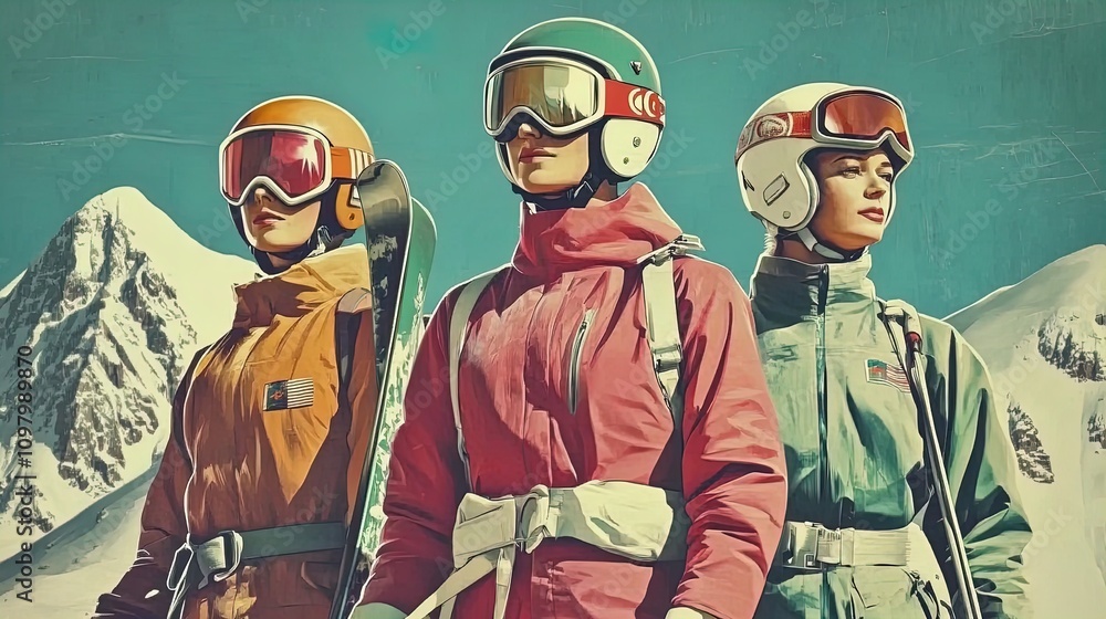 Fototapeta premium Vibrant Trio of Adventurers in Colorful Ski Jackets Against Snowy Mountains - Perfect Poster for Dynamic Sports Interiors and Winter Adventure Enthusiasts!