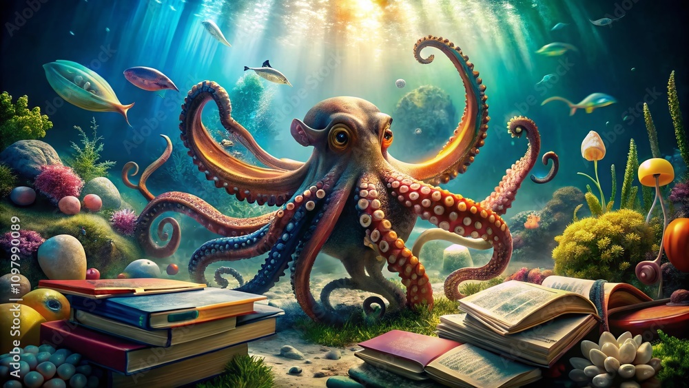Fototapeta premium Surreal Octopus Multitasking: A Colorful Scene of an Octopus Engaged in Various Educational Activities, Surrounded by Books and Learning Materials in a Whimsical Underwater Setting