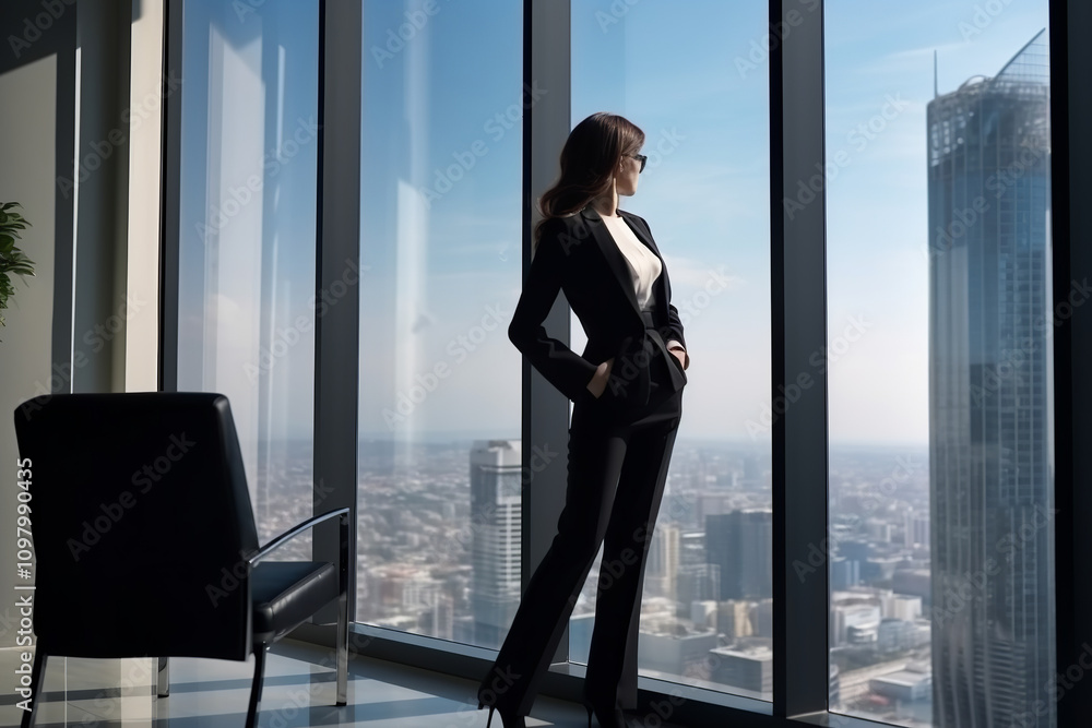 Business woman in suit in office looking at modern city with skyscrapers through panoramic window Business woman in suit in office looking at modern city with skyscrapers through panoramic window