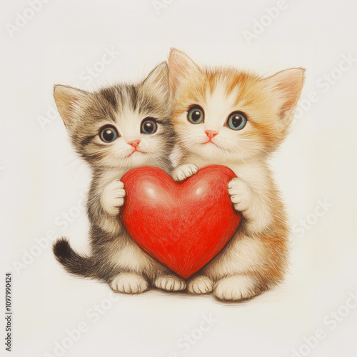 two cute kittens holding love heart, valentine pencil illustration on white paper background