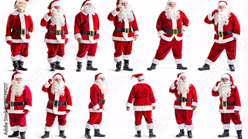 Collection of full-length Santa Claus portraits, isolated on a white background.