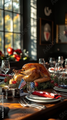 Modern thanksgiving table with turkey and patriotic decorations