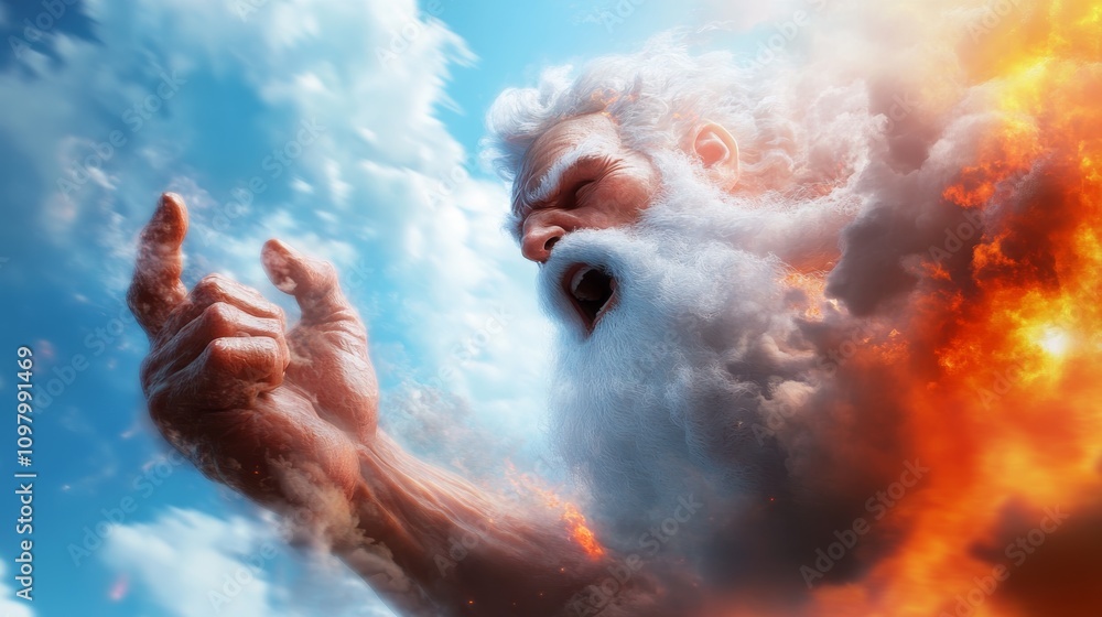 Fototapeta premium Mighty figure in the clouds expressing power and emotion during a dramatic sky formation at sunset