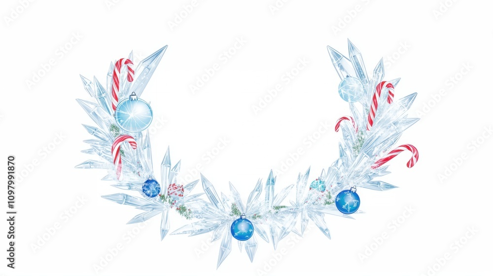 A decorative winter wreath made of ice crystals and ornaments. A decorative winter wreath made of ice crystals and ornaments.