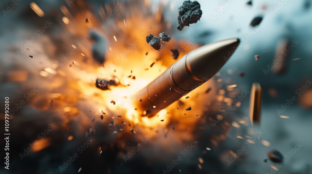Bullet in mid-air as explosion erupts sending debris flying in a dramatic display of force Bullet in mid-air as explosion erupts sending debris flying in a dramatic display of force