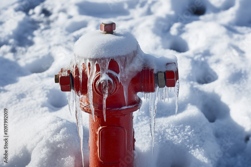 A red fire hydrant with icicles hanging from it, surrounded by snow and ice covering the ground in the winter. A water pipe with frozen water inside, cold weather. Сlimate change concept.