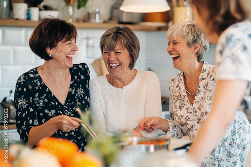 A group of middle-aged women laughing and cooking together in the kitchen, sharing good times with friends at home. Concept of friendship, joy, support, mental health in older age.