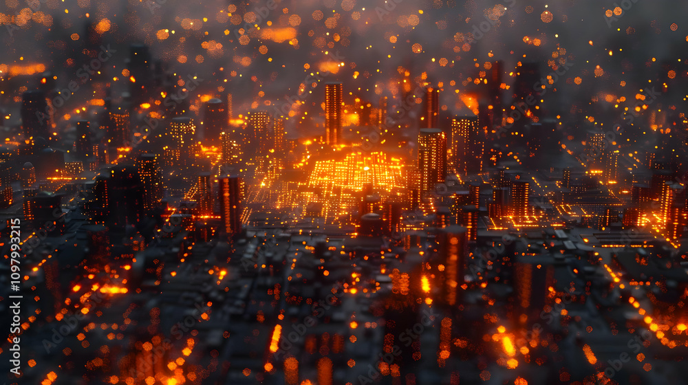 Fototapeta premium Fiery Cityscape 3D Illustration