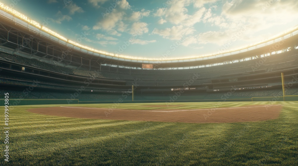Fototapeta premium Empty baseball stadium at sunset.