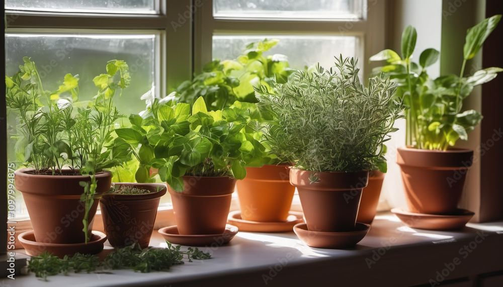 Fresh Herbs in a Sunlit Kitchen Window Fresh Herbs in a Sunlit Kitchen Window