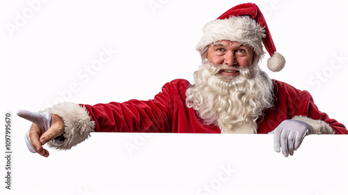 Santa Claus cheerfully points at a blank white sign, smiling widely, isolated on a white background.