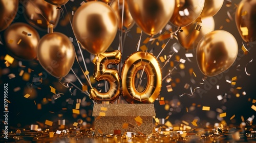 A box with a gold number 50 on it is surrounded by gold balloons