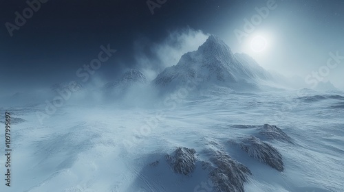 A fierce snowstorm raging over a remote mountain pass, heavy snowflakes swirling violently in the wind, with deep snowdrifts covering rocky terrain. 