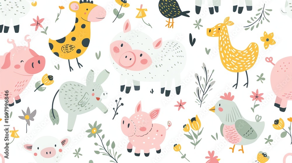 A seamless pattern with cute animals and flowers in a bright and playful style. A seamless pattern with cute animals and flowers in a bright and playful style.