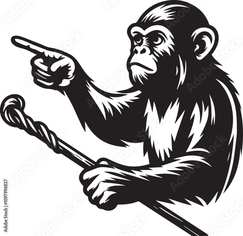 Determined Monkey Points to a Direction. A bold, black and white illustration of a chimpanzee, depicted in a vintage-style graphic design.