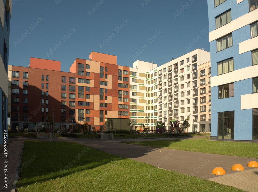 new modern apartment buildings with colored facades in Russia