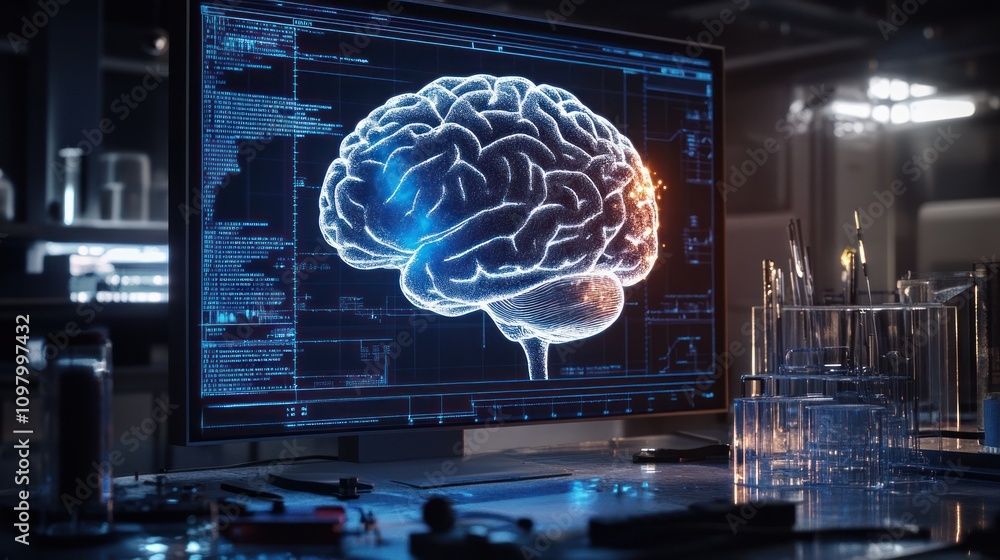Obraz premium Digital brain scan on computer screen.