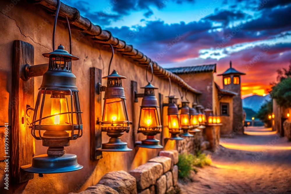 Fototapeta premium Traditional Farolitos Lanterns Adorning Adobe Buildings in Santa Fe, New Mexico, Capturing the Warm Glow of a Cultural Celebration at Dusk