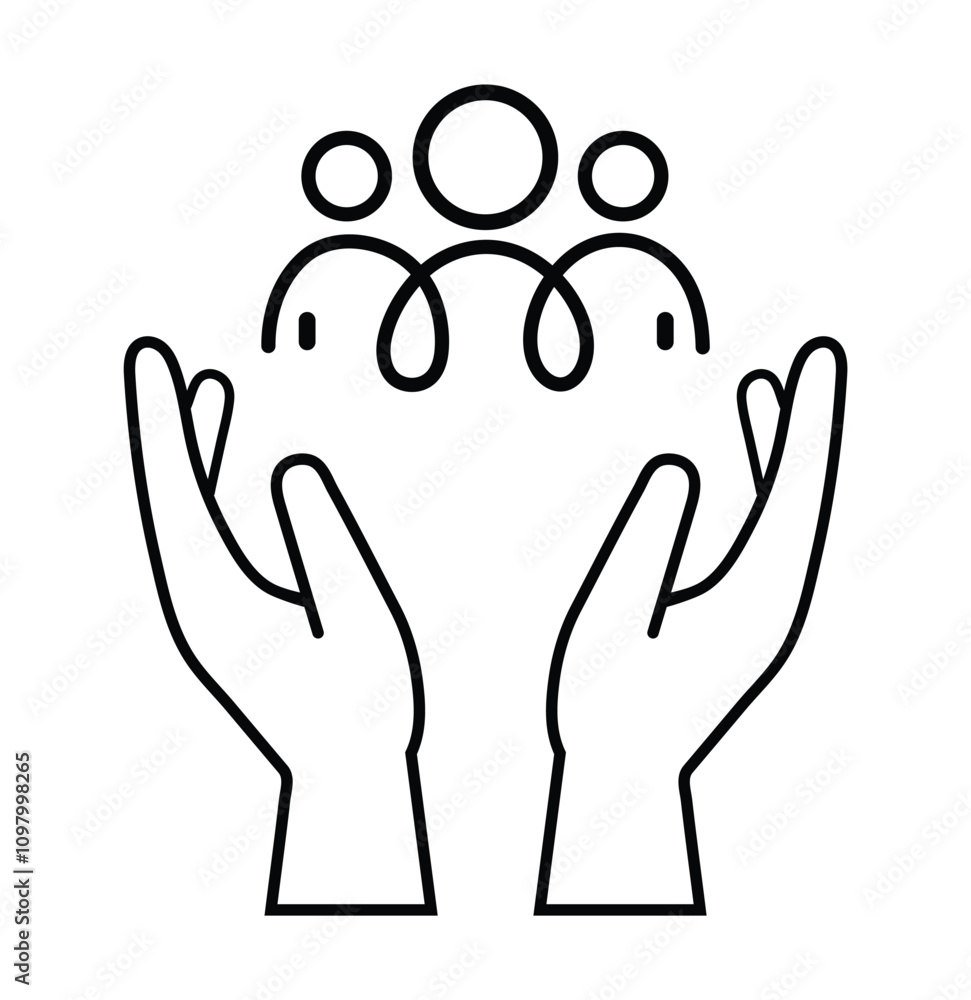 Obraz premium Thin Outline Icon Two Hands Holding or Hugging Group People Symbol or Family Line Sign Group Life Insurance, Caring Hands Family Medicine Vector Isolated Pictogram on White Background.