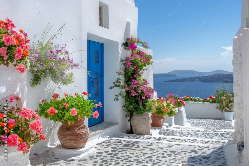 Fototapeta premium A blue door is in front of a row of potted plants