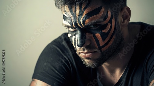 Man with intense gaze sports tribal face paint. photo