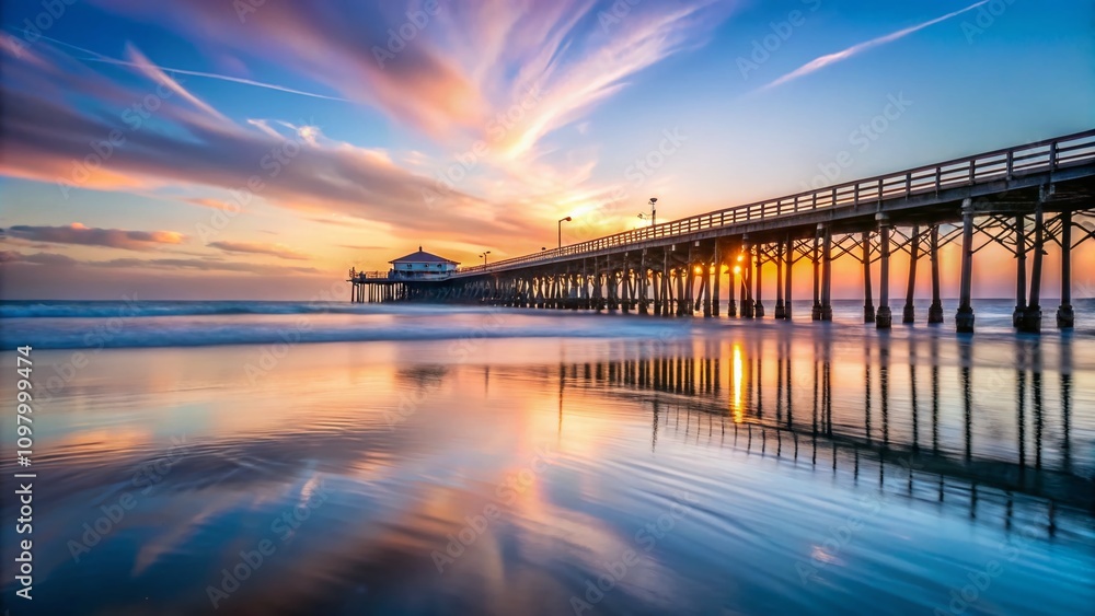 Fototapeta premium Tranquil Long Exposure of Crystal Pier at Dusk in Pacific Beach, San Diego with Gentle Waves and Soft Colors for Minimalist Photography Enthusiasts