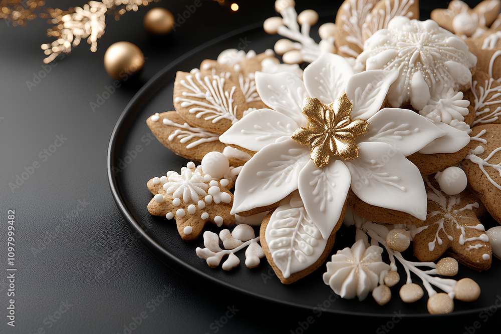A plate of cookies with a gold leaf on top and a white flower A plate of cookies with a gold leaf on top and a white flower