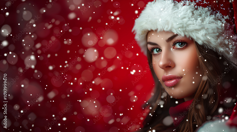 A woman wearing a white hat and a red sweater is standing in front of a red background A woman wearing a white hat and a red sweater is standing in front of a red background