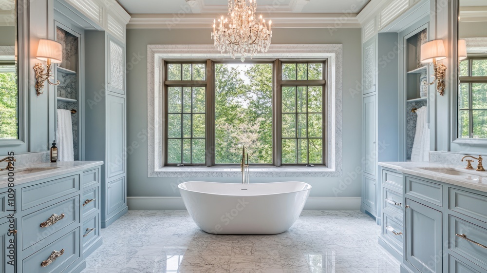 Fototapeta premium Luxurious bathroom with freestanding tub and large window.