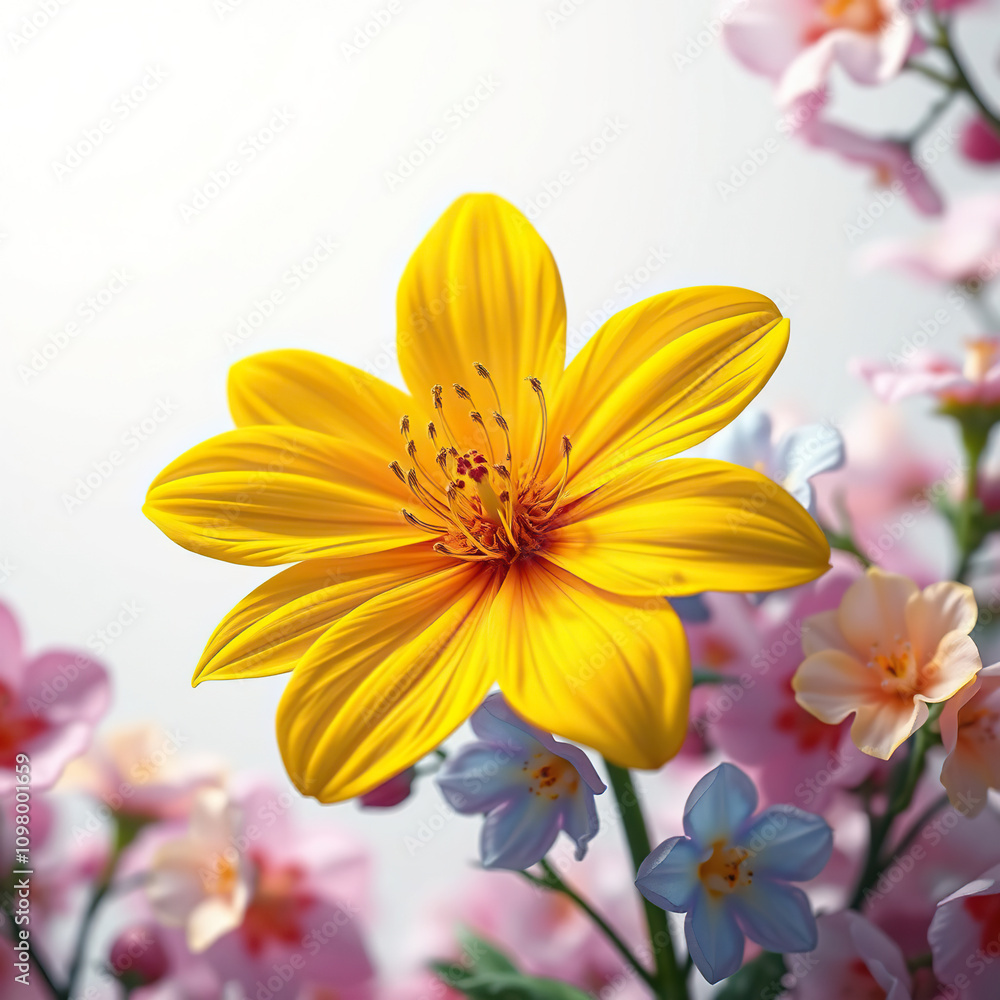 Obraz premium Close-up of a vibrant yellow flower surrounded by various colorful blossoms, garden, blooming, bloom, vibrant