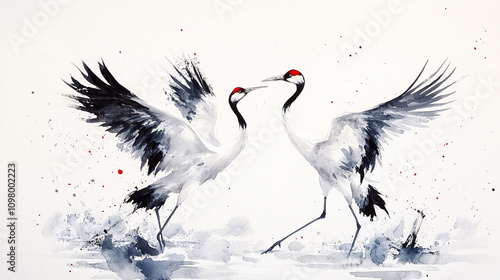 Dwa żurawie, akwarela na białym tle, tapeta generative ai